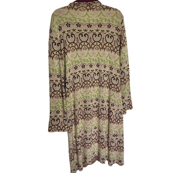 Storybook Knits Long Cardigan Sweater Fair Isle Green Brown Button Front Large - Picture 7 of 8